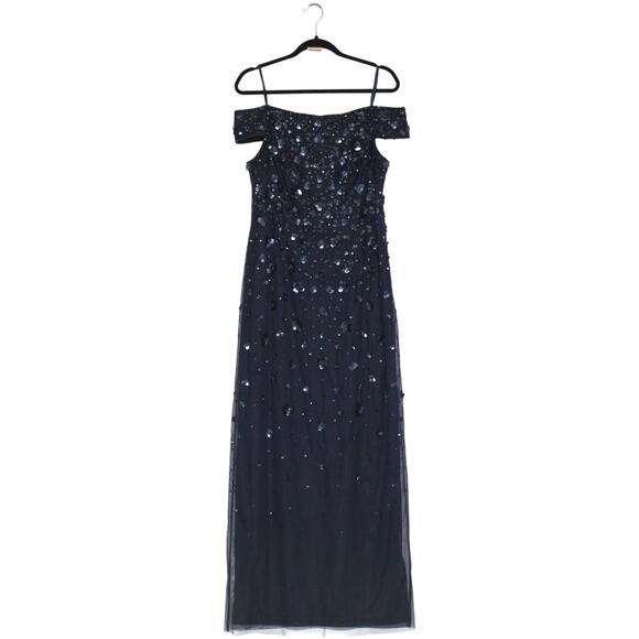 Adrianna Papell Navy Beaded Off Shoulder Formal Maxi Dress Size 14 - Picture 1 of 13